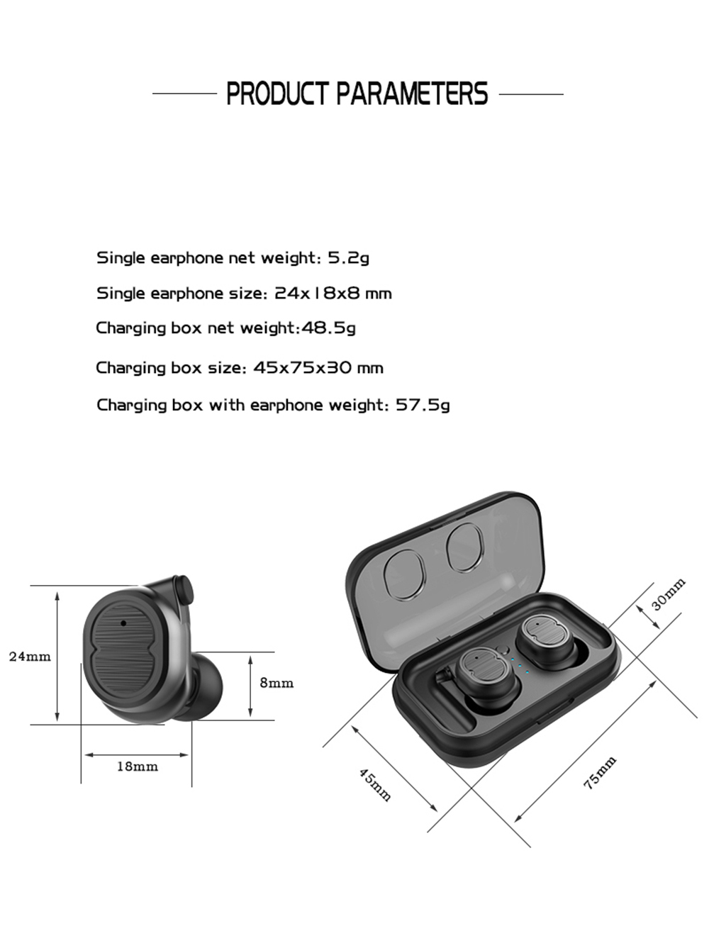 TWS-8 Bluetooth 5.0 Earbuds with Mic IPX4 Water Resistant - Black