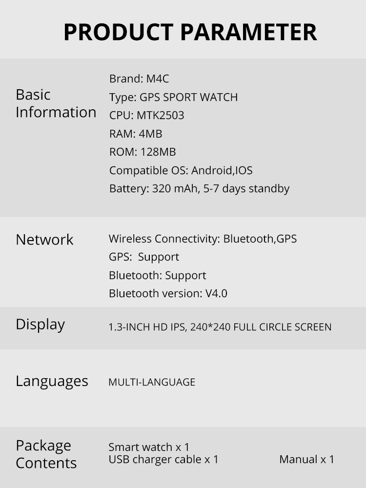 MAKIBES M4C Smart Watch GPS Bluetooth Heart Rate Monitor Call Message Reminder Music Player - Black