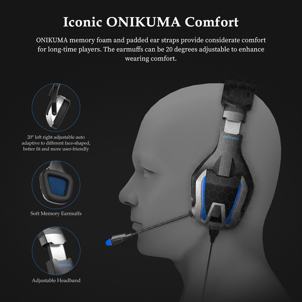 Onikuma K12 3.5mm Audio+USB Gaming Headset LED Light Noise Reduction for PS4/Switch/XBOX One/PC