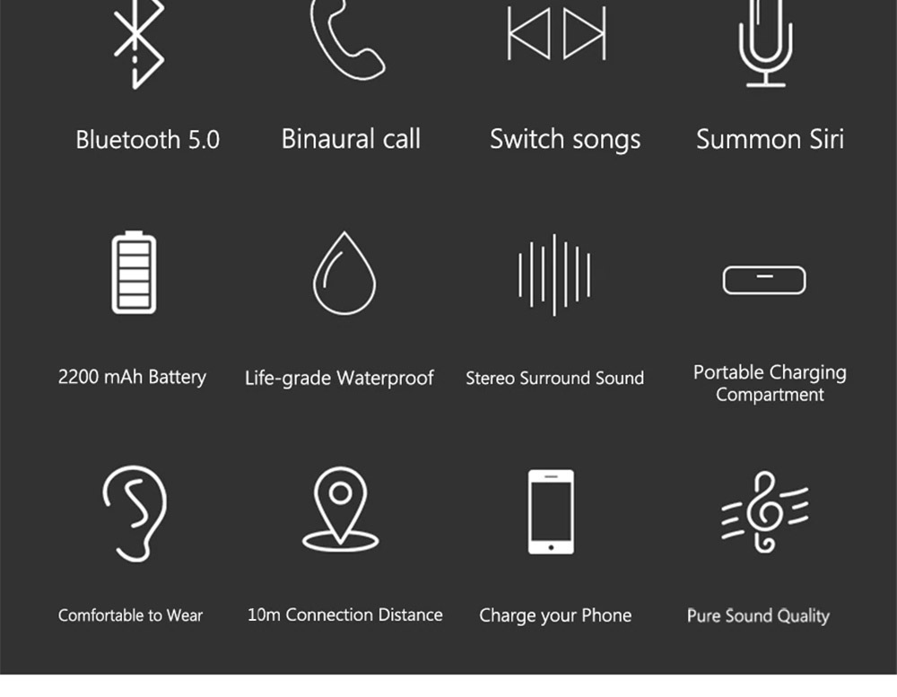 T1 Pro Bluetooth 5.0 TWS Earbuds Unilateral Use 2200mAh Charging Box Siri Binaural Call Titanium Film Drivers IPX6