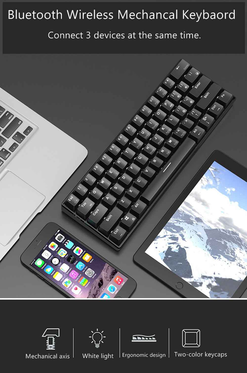 Ajazz i610T Bluetooth 3.0 Wireless / Wired Dual-Mode Mechanical Backlight Keyboard 61 Key - Black