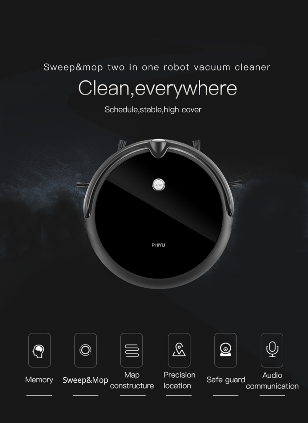 PHIYU A3S Robot Vacuum Cleaner with Camera Audio Communication APP Remote Control Gyro Sensor Auto Recharge - Black