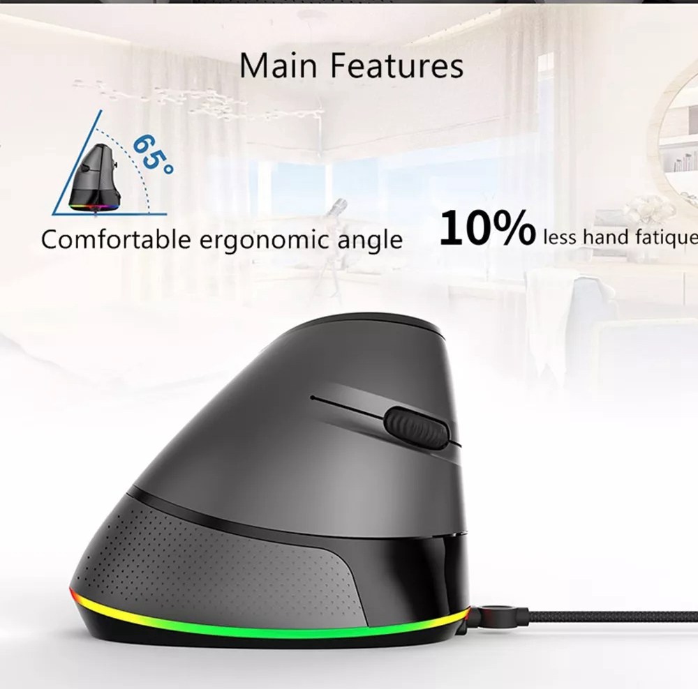 Ajazz AJ307 USB Wired Vertical Mouse Ergonomic Design 7 keys RGB Backlit 4800DPI Gaming Mouse - Black