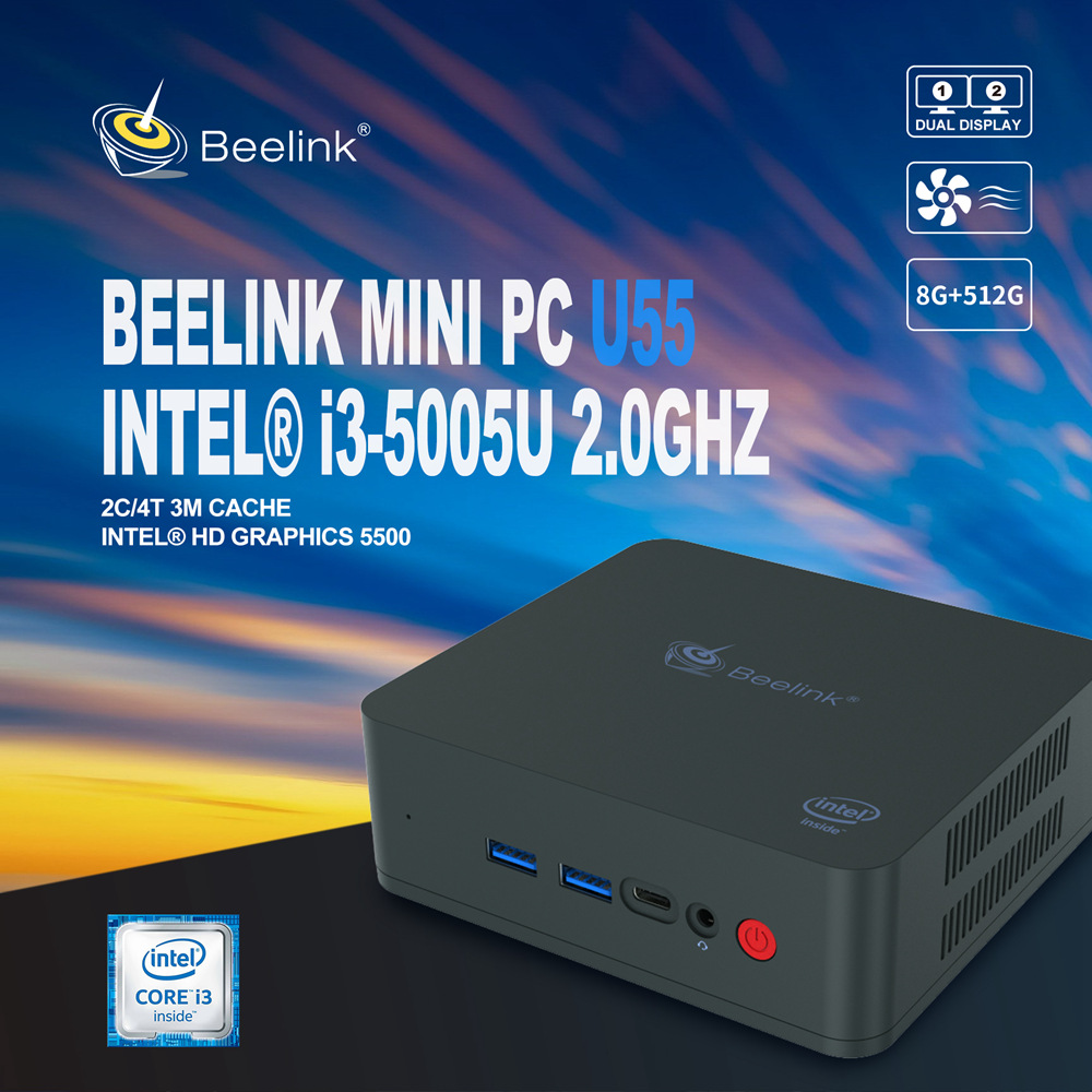 Beelink U55 Intel Core I3-5005U 8G RAM/512G Mini PC SSD 2.4G+5G WIFI Bluetooth 1000Mbps LAN 2xHDMI