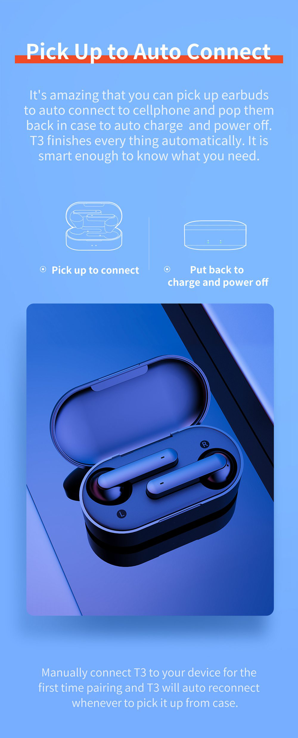 QCY T3 Bluetooth 5.0 TWS Earphones 3D Stereo 25 Hours Battery Life IPX5 Stereo/Mono Mode AAC/SBC Tech