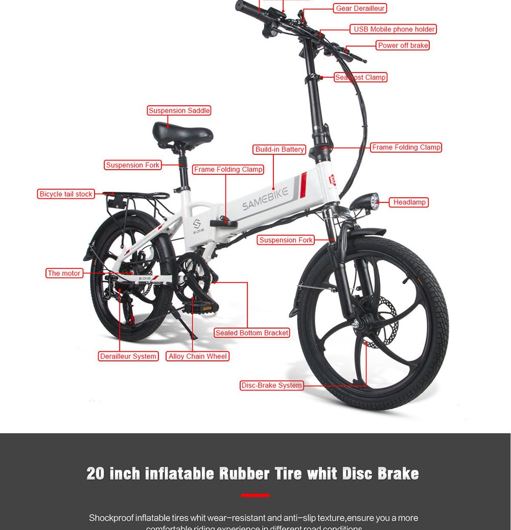 Samebike 20LVXD30 Portable Folding Smart Electric Moped Bike 350W Motor Max 35km/h 20 Inch Tire - White