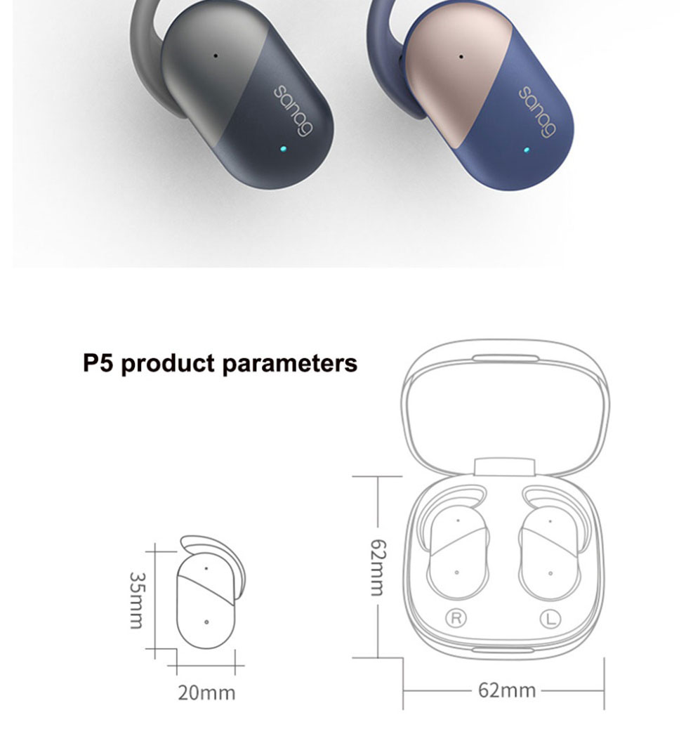 Sanag P5 Bluetooth 5.0 TWS Earbuds Binaural Call Fingertips Control Siri Google Assistant 500mAh Charging Case IP5 with Mic - Blue