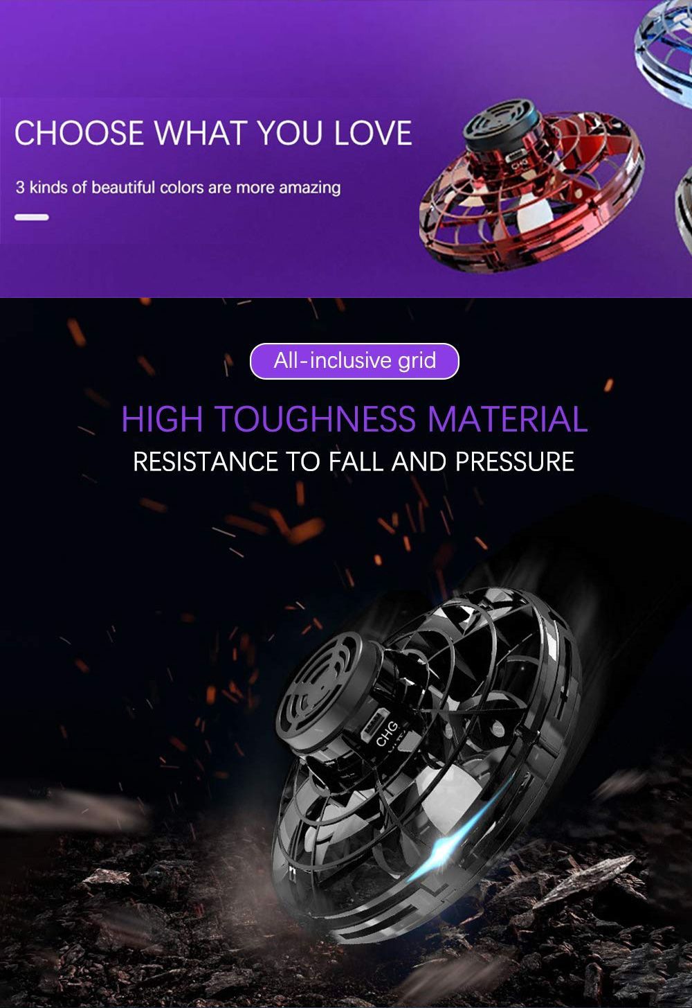 FlyNova Tricked-Out Flying Spinner Toys USB Charging With 360 Degree Rotating And Shinning RGB LED Lights - Black