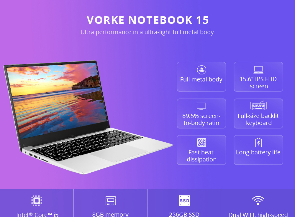VORKE Notebook 15 4G Laptop Intel Core i5-8250U 15.6'' Screen 1920*1080 Windows 10 8GB DDR4 256GB SSD - Silver