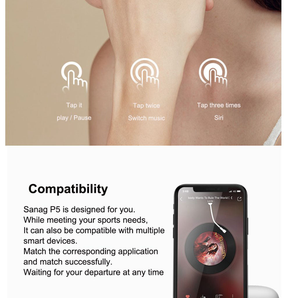 Sanag P5 Bluetooth 5.0 TWS Earbuds Binaural Call Fingertips Control Siri Google Assistant 500mAh Charging Case IP5 with Mic - Rose Gold