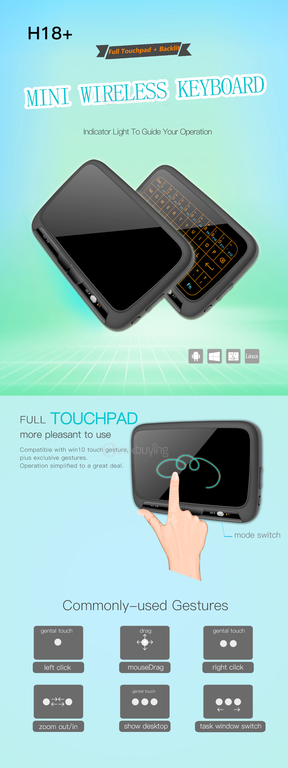 H18+ Backlight Full Touchpad Mini Wireless Keyboard 2.4GHz Air Mouse for TV Box Pad IPTV PC HTPC HD Player