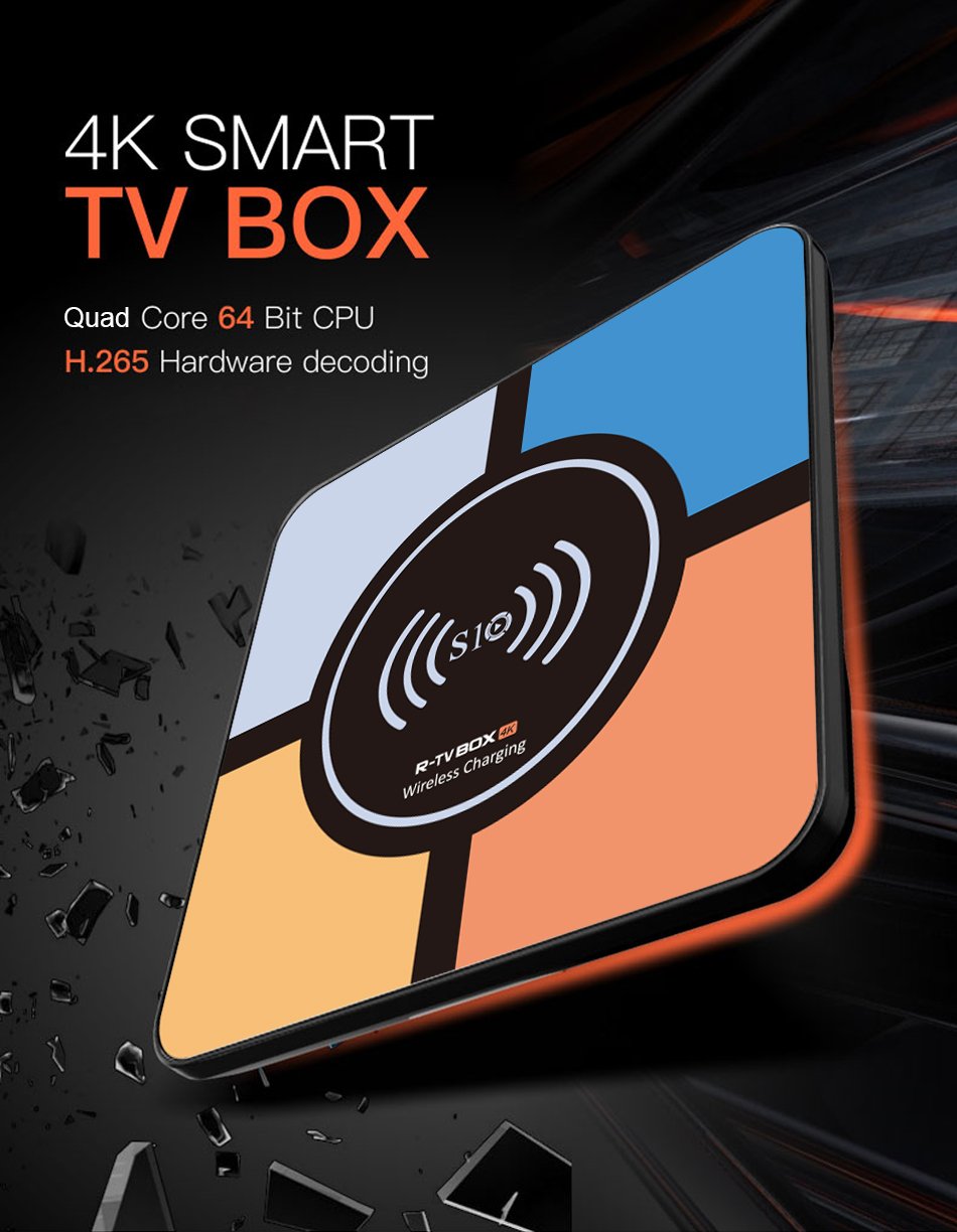 R-TV BOX S10+ Android 8.1 4GB/32GB KODI 18.0 4K TV Box Wireless Charger RK3328 WiFi LAN HDR H.265 Compatible with iPhone X iPhone 8/8 Plus & Galaxy Note 8 S8/S9/S9 Plus and All Qi-Enabled Devices