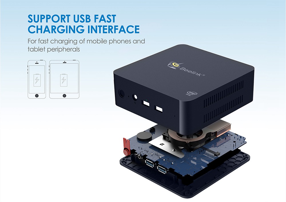 Beelink L55 Intel Core I3-5005U 8GB/128GB Wall-mounted 4K Mini PC SSD USB Fast Charging Slot acWIFI Bluetooth 1000M LAN*2 USB 3.0*3 HDMI+DP