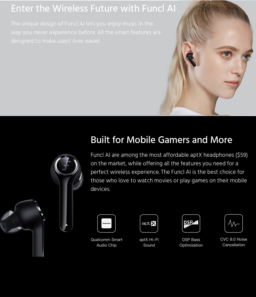 FUNCL AI Bluetooth 5.0 TWS Earphones Qualcomm QCC3026 SBC/AAC/AptX Amazon alesa Siri Google Assistant CVC 8.0 Noise Cancellation IPX5