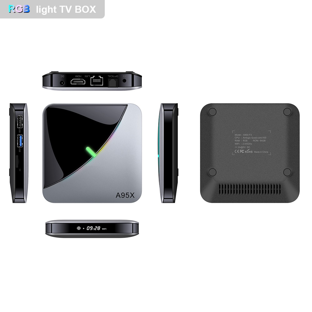 A95X F3 Air Amlogic S905x3 Android 9.0 8K Video Decode TV Box RGB Light 2GB/16GB 2.4G+5G WiFi Bluetooth LAN USB3.0 4K Youtube