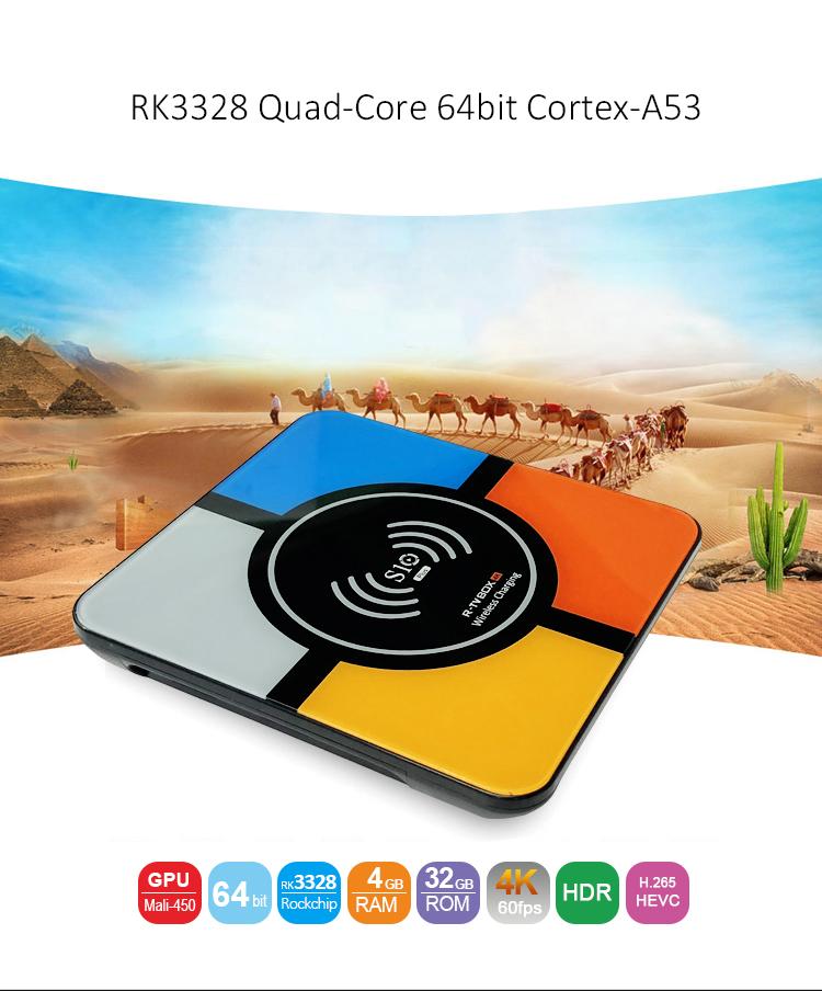 R-TV BOX S10+ Android 8.1 4GB/32GB KODI 18.0 4K TV Box Wireless Charger RK3328 WiFi LAN HDR H.265 Compatible with iPhone X iPhone 8/8 Plus & Galaxy Note 8 S8/S9/S9 Plus and All Qi-Enabled Devices