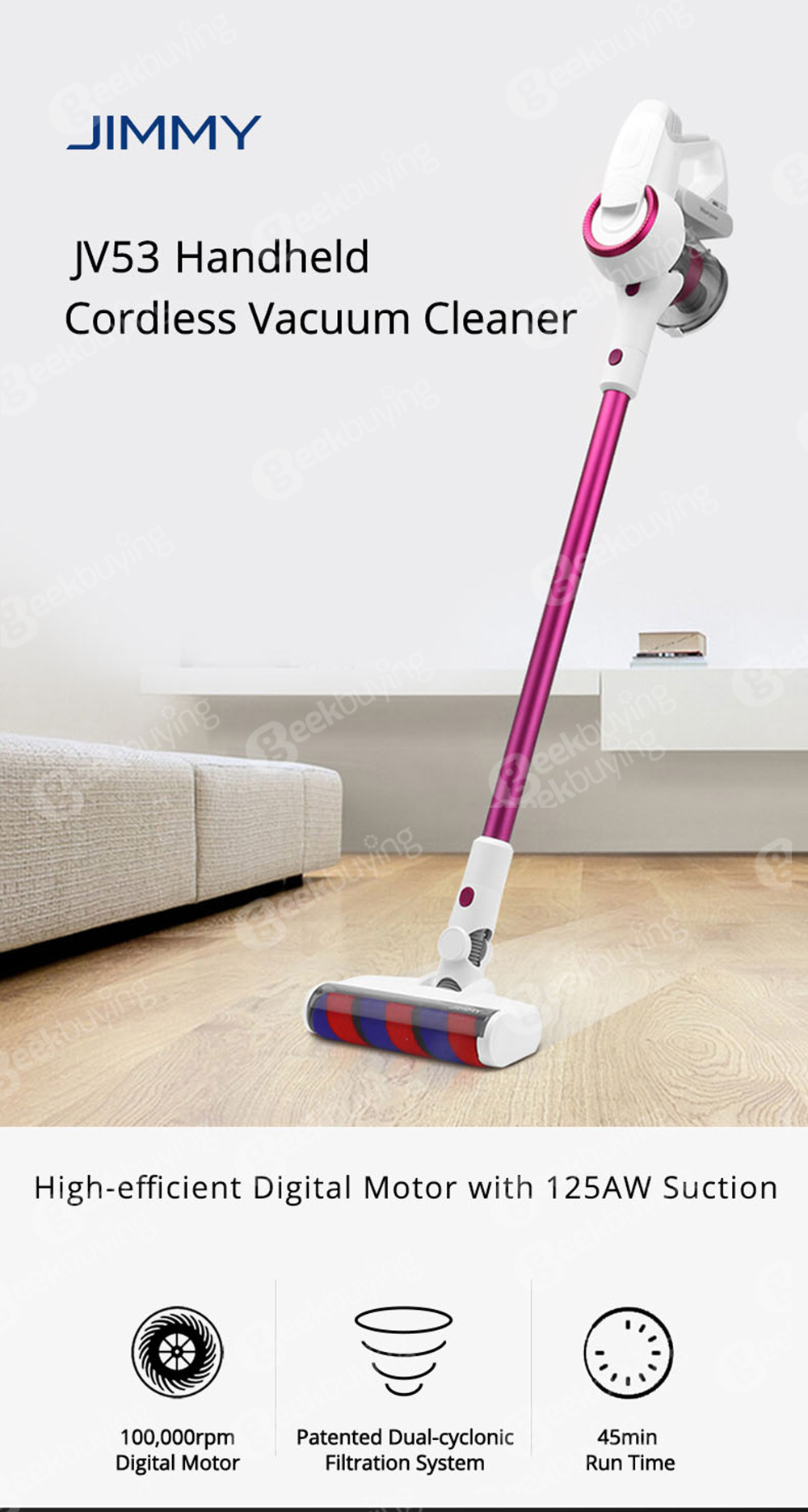 Xiaomi JIMMY JV53 Handheld Cordless Vacuum Cleaner 125AW Powerful Suction High-efficiency Motor Anti-wrapped Brush - Purple