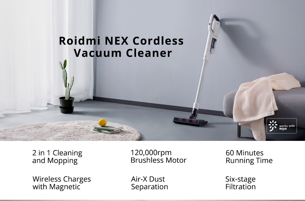 Xiaomi Roidmi NEX Handheld Cordless Vacuum Cleaner 2 in 1 Cleaning and Mopping 23500 Pa Suction APP Control 60 Min Running Time LED Light - White