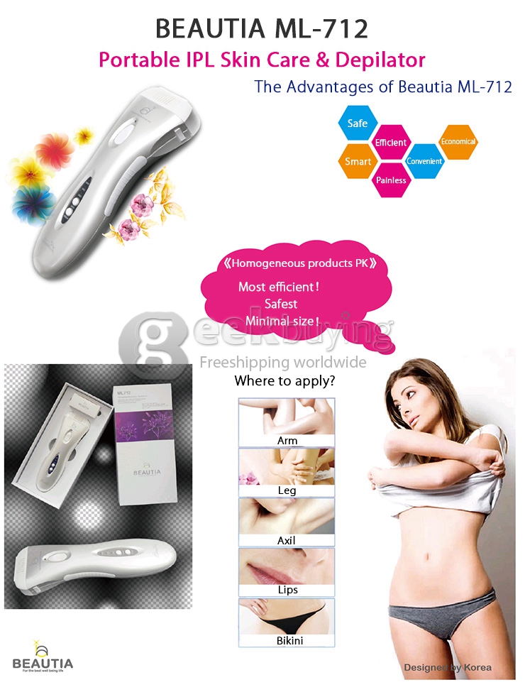 BEAUTIA ML-712 IPL Irradiator Depilator Epilator Hair Remover Skin Care Hair Removal Depilation 3 Levels Energy Adjusting - White