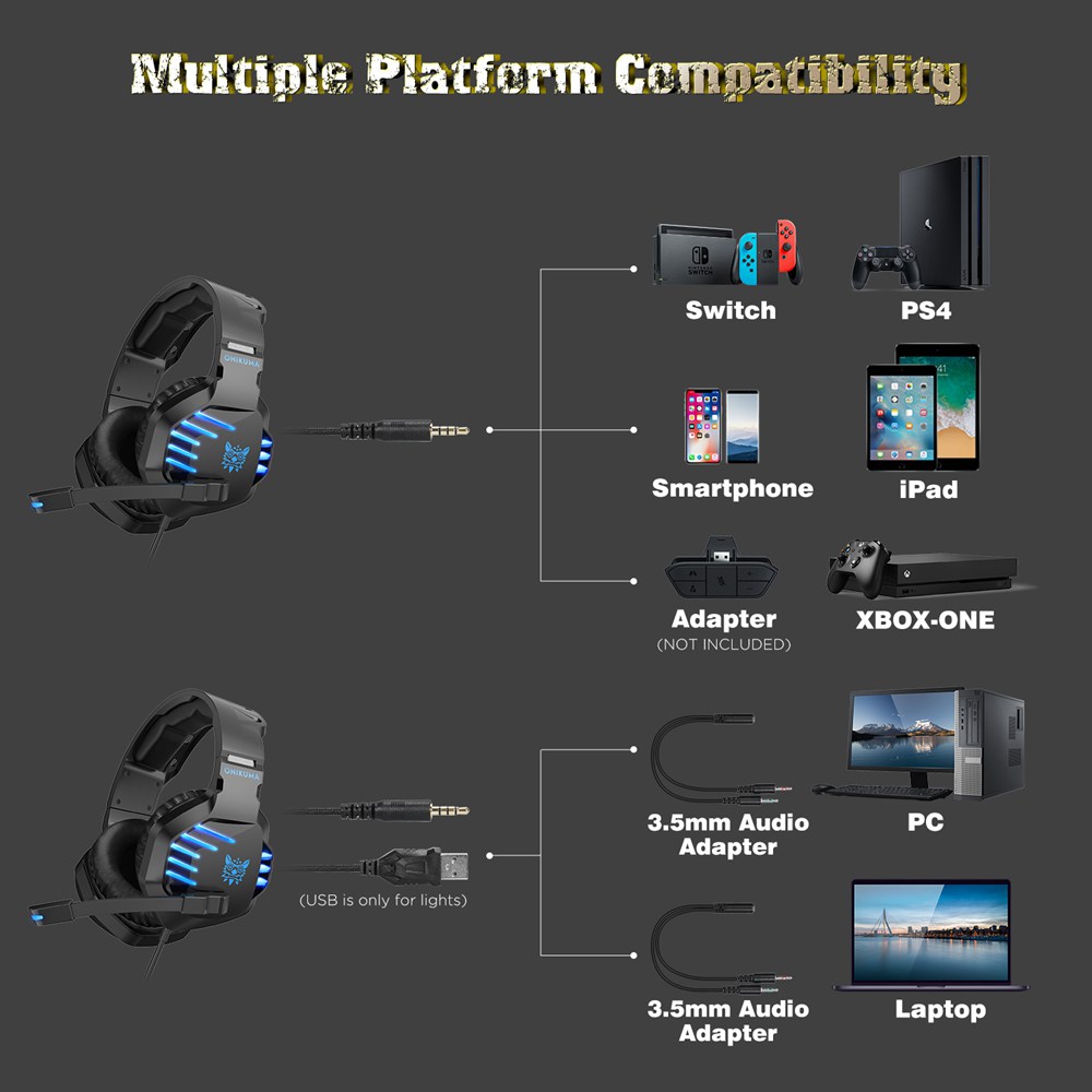 Onikuma K17 3.5mm Audio+USB LED Gaming Headphones Plugable Mic for PS4/Switch/XBOX One/PC