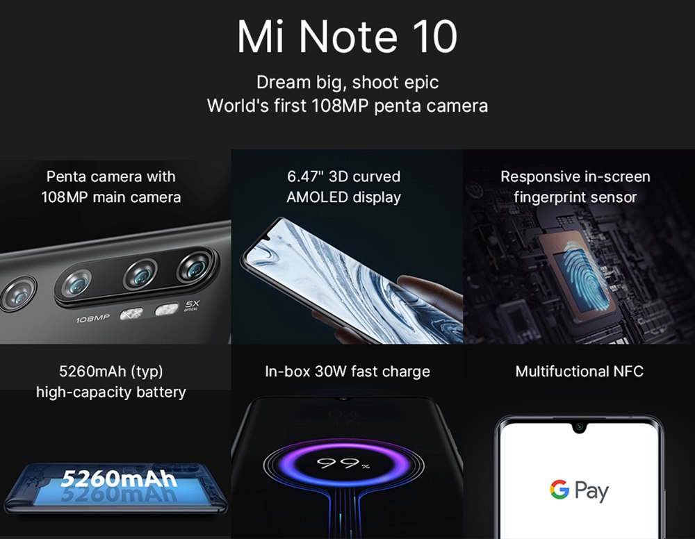 Xiaomi Mi Note 10 6.47 Inch 4G LTE Smartphone Snapdragon 730 6GB 128GB 108.0MP + 12.0M + 20.0MP + 5.0MP + 2.0MP Penta Rear Cameras NFC Fingerprint ID Dual SIM MIUI 11 Global Version - Green