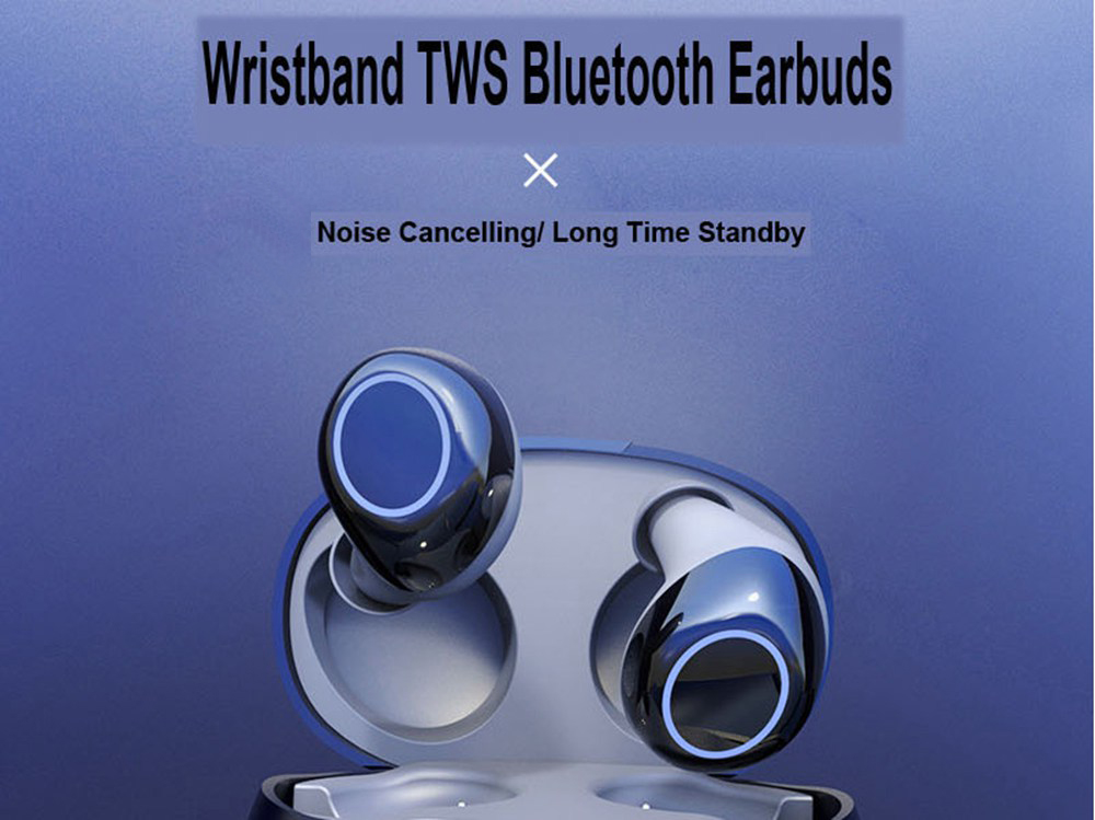 HM50 Bluetooth 5.0 TWS Earphone Hifi Sound Built-in Mic Wristband Case - Black