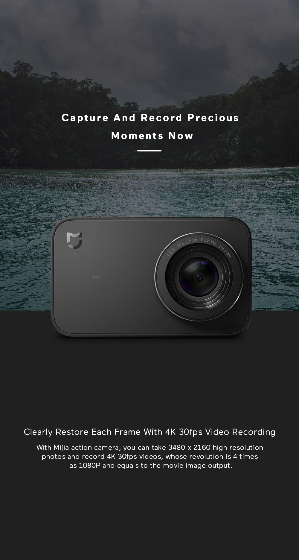 Xiaomi Mijia Ambarella A12S75 Sony IMX317 2.4inch Touch Screen 4K Action Camera 7p Lens EIS 6-axis 145 Degree Wide Angle 1450mAh Battery - Black