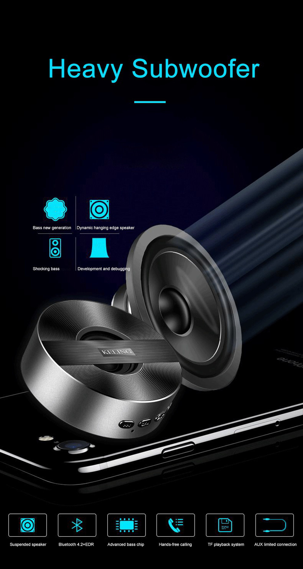 KELING A5 Portable Bluetooth Speaker Dual Bass - Black
