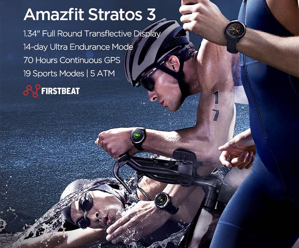 Huawei AMAZFIT Stratos 3 Smart Sports Watch 1.34 Inch Full Moon Screen Dual-Mode 5ATM GPS Firstbeat Silicone Strap Global Version - Black