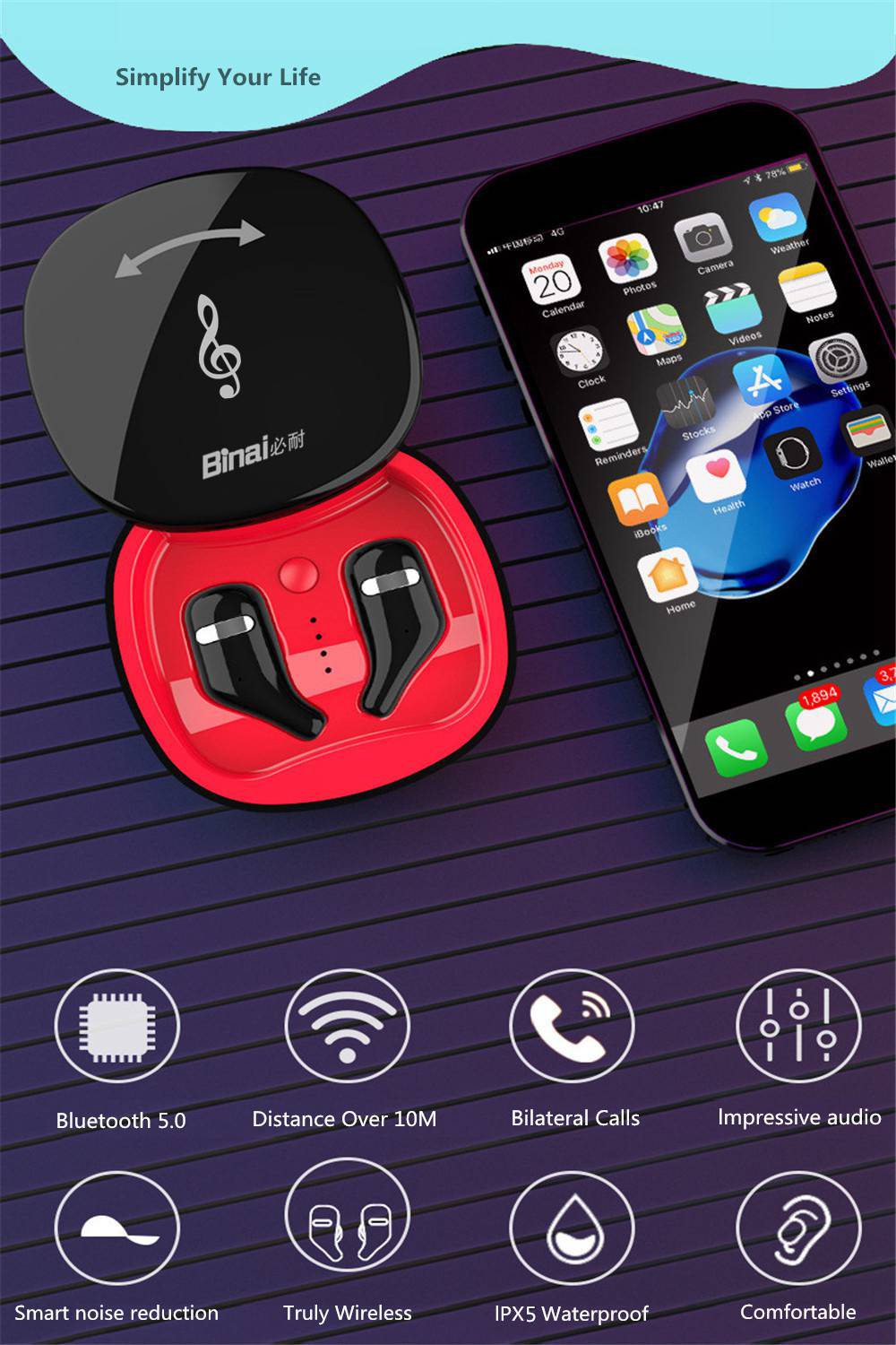 BINANI Mini A8 HiFi Bluetooth V5.0 Earbuds IPX5 Water Resistant 700 mAh Charging Box  -  Yellow