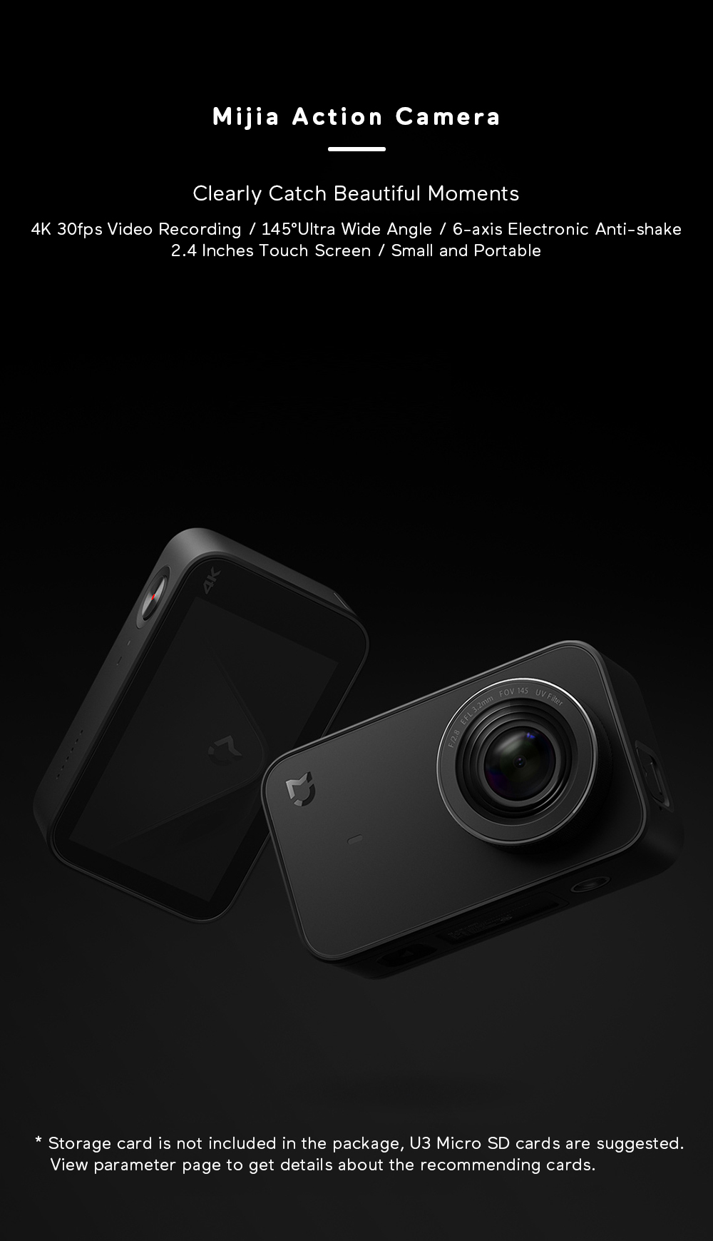 Xiaomi Mijia Ambarella A12S75 Sony IMX317 2.4inch Touch Screen 4K Action Camera 7p Lens EIS 6-axis 145 Degree Wide Angle 1450mAh Battery - Black