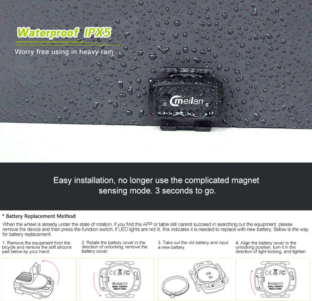 Meilan C1 Bicycle Speed & Cadence Sensor BT4.0 / ANT+ Wireless Connect With LED Light - Black