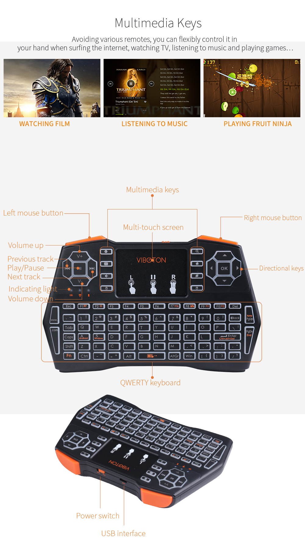 VIBOTON i8 Plus Backlight 2.4G Wireless Keyboard Air Mouse Multi-touch Pad XBOX 360 PS4 TV Box Android TV Pad PC