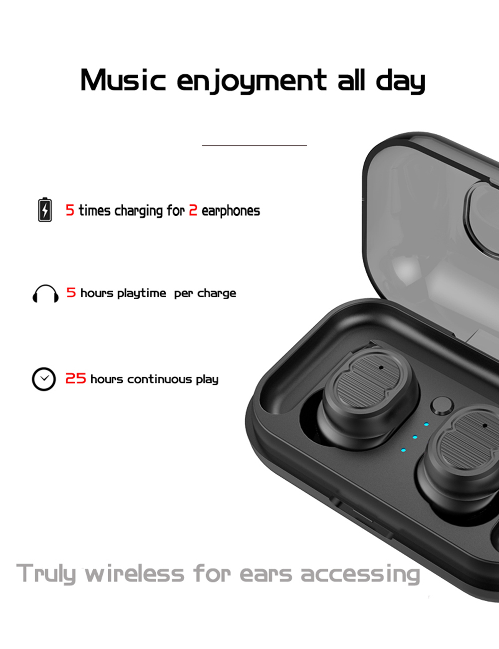 TWS-8 Bluetooth 5.0 Earbuds with Mic IPX4 Water Resistant - Black