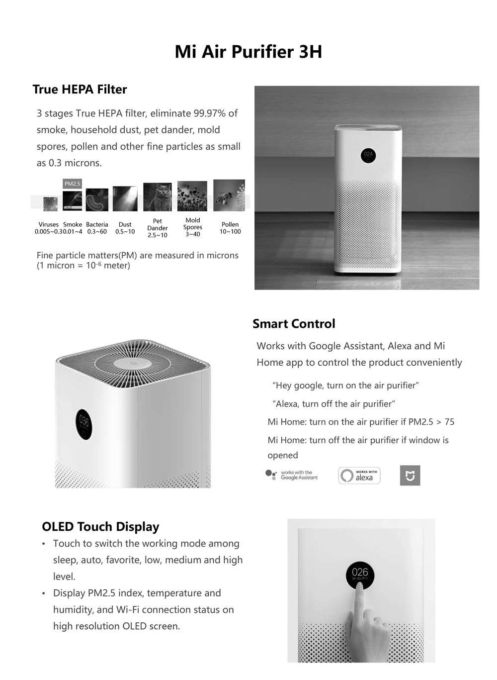 Original Xiaomi Mi Air Purifier 3H APP Control Light Sensor Multifunction Smart Air Cleaner Global Version - White