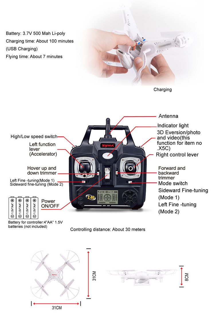 SYMA X5C-1 2MP HD FPV Camera 2.4GHz 4CH 6 Axis RC Quadcopter
