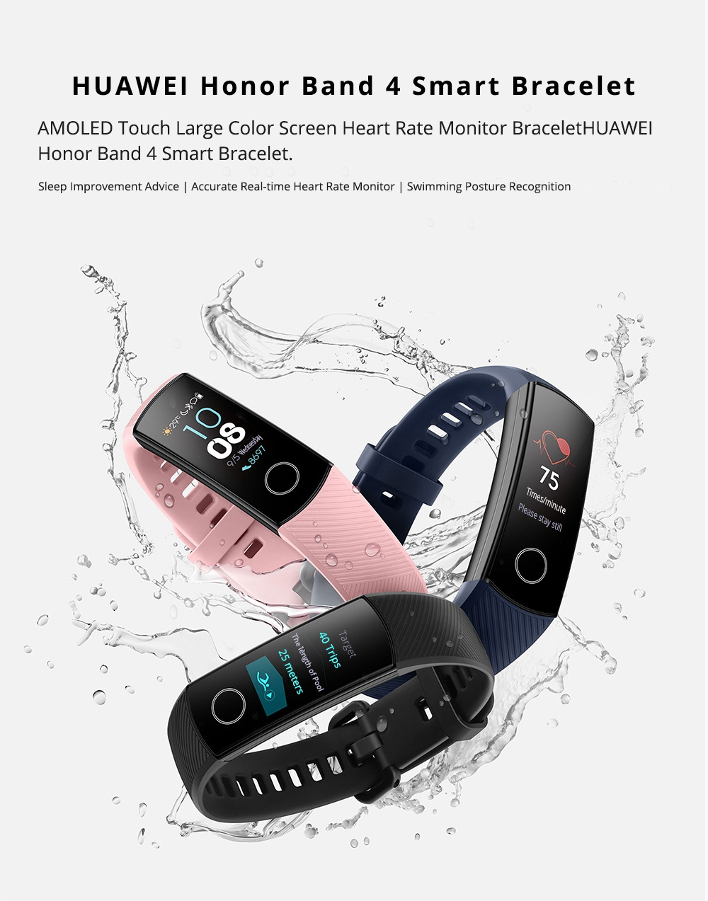 HUAWEI Honor Band 4 Smart Bracelet 0.95 Inch AMOLED Touch Large Color Screen 5ATM Heart Rate Monitor Swimming Posture Recognition - Black