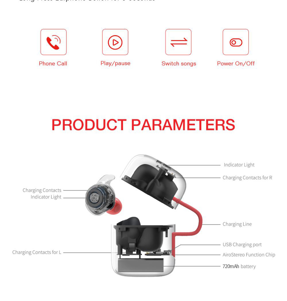 Havit G1 Bluetooth 5.0 TWS Earphone Fingerprint Touch 720mAh Charging Box Siri Google Assistant 18 hours Playtime Mono/Stereo Mode