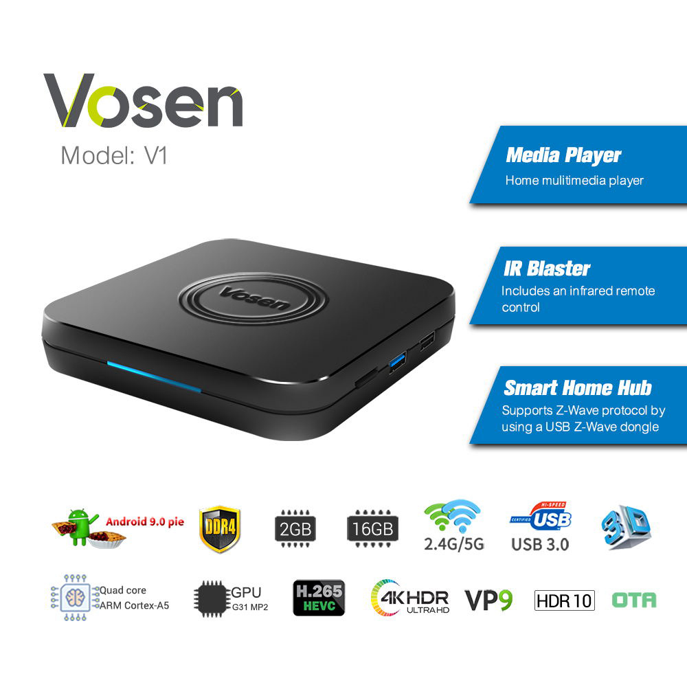 VOSEN V1 Amlogic S905x2 Android TV 9.0 2GB DDR4 16GB eMMC 4K TV Box Bluetooth Z-Wave 2.4G/5G WIFI USB 3.0 -- Black