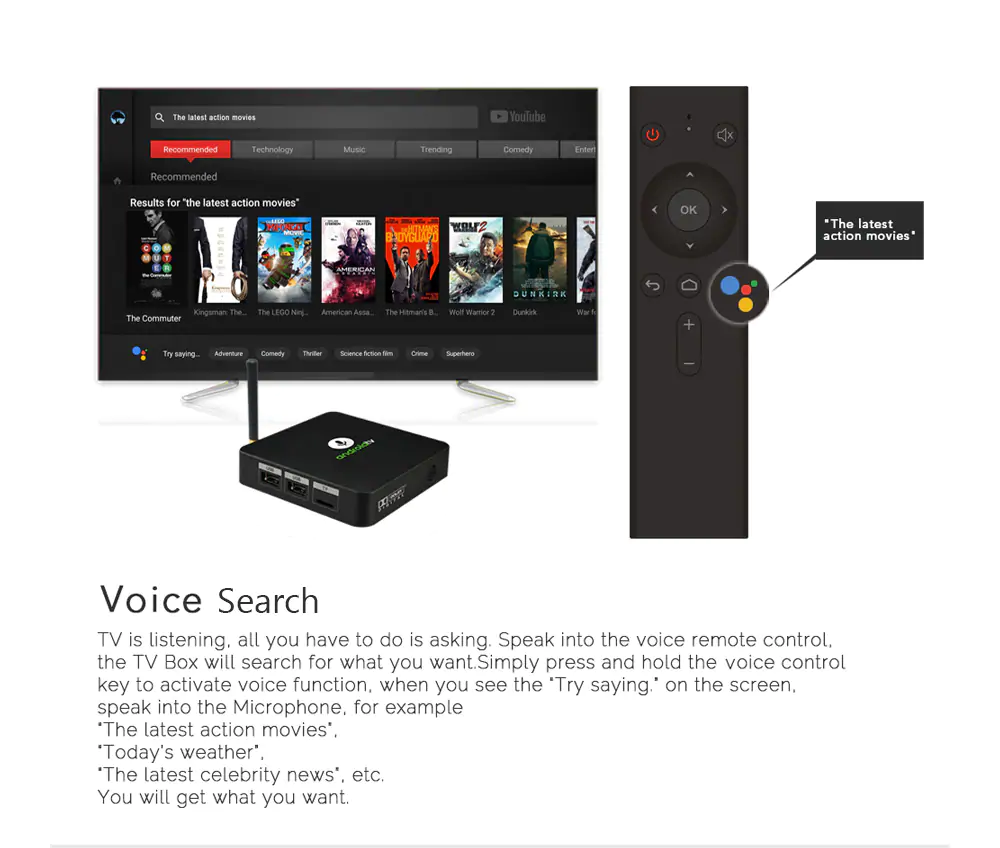 MECOOL KM8 Google Certified Amlogic S905X Android TV OS Android 8.0 2GB/16GB TV Box with Voice Remote VP9 HDR10 Dolby Audio Support Youtube 4K