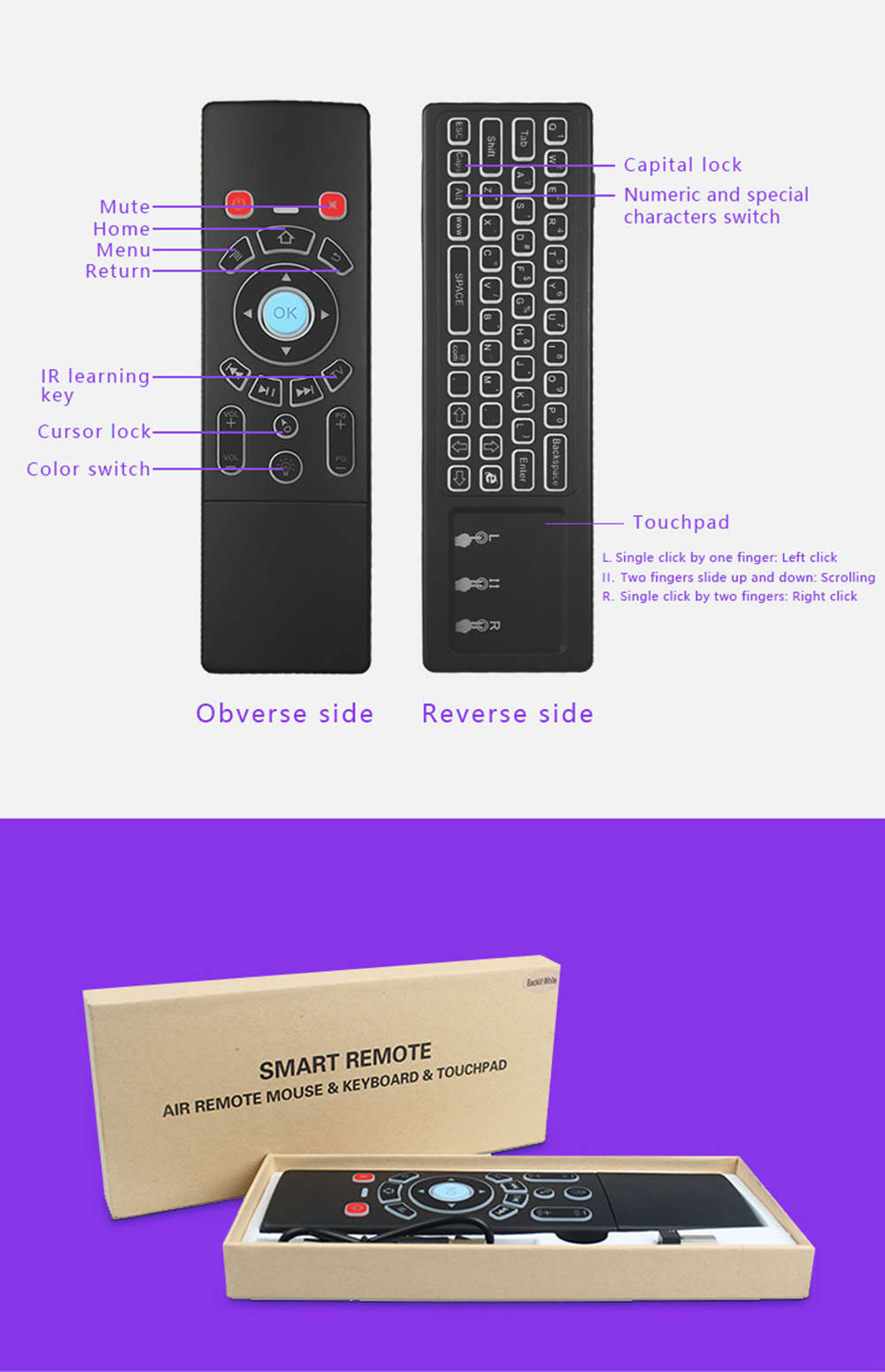 T6 2.4GHz 3-Gyro + 3-G sensor Air Mouse with Wireless Keyboard & Touchpad 7 colors for SmartTV TV Box Mini PC Projector - Black