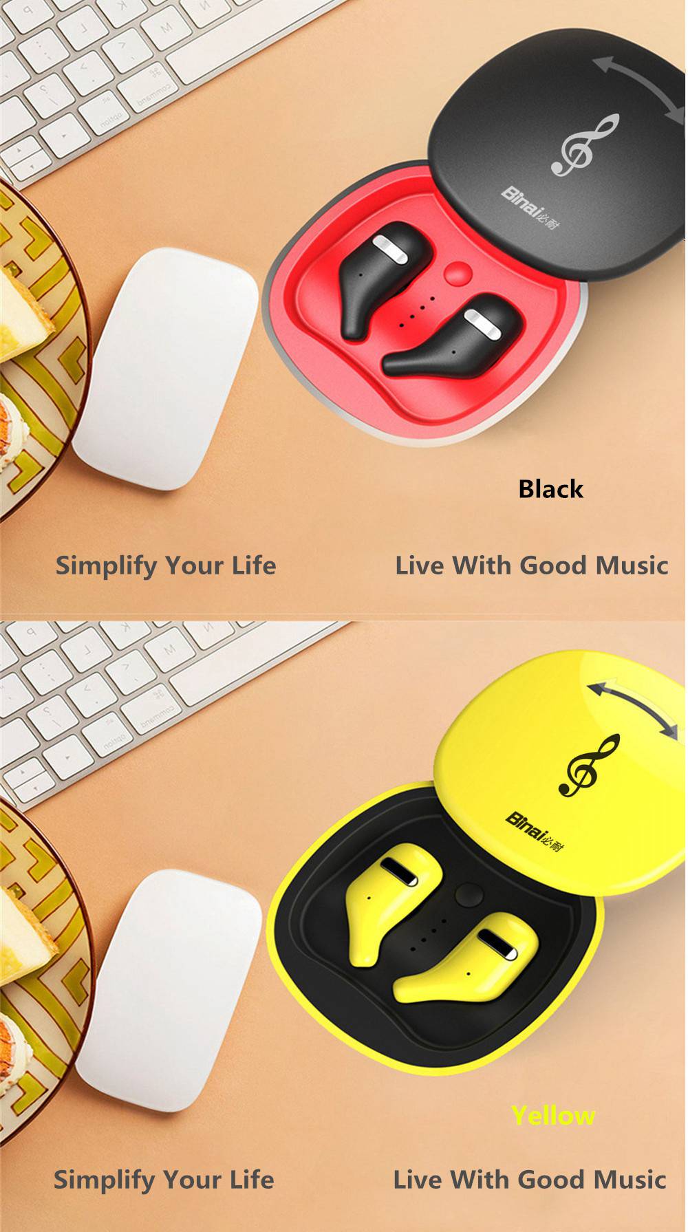 BINANI Mini A8 HiFi Bluetooth V5.0 Earbuds IPX5 Water Resistant 700 mAh Charging Box  -  Yellow