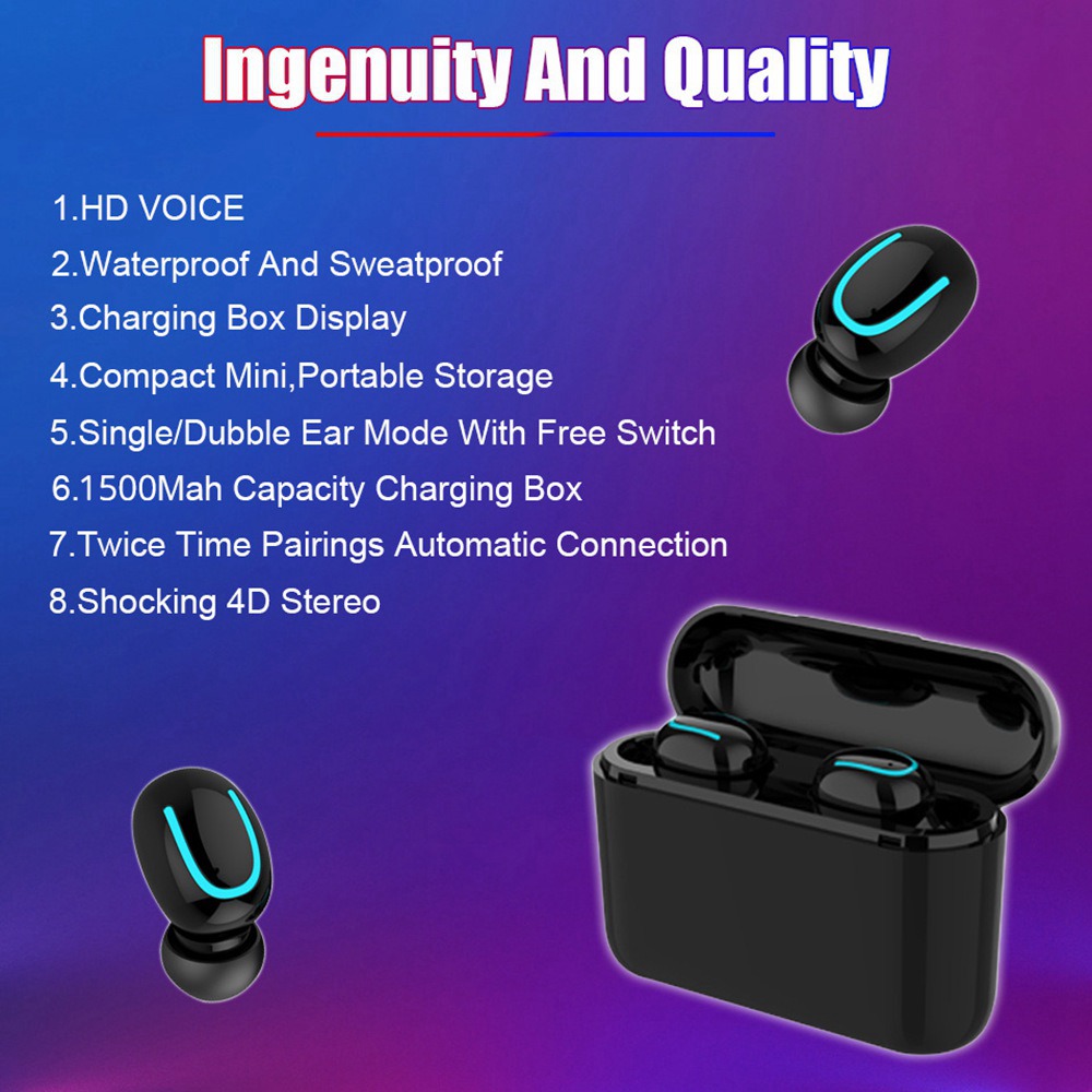 HBQ Q32 TWS Bluetooth 5.0 Earbuds Stereo IPX5 Water Resistant - Black