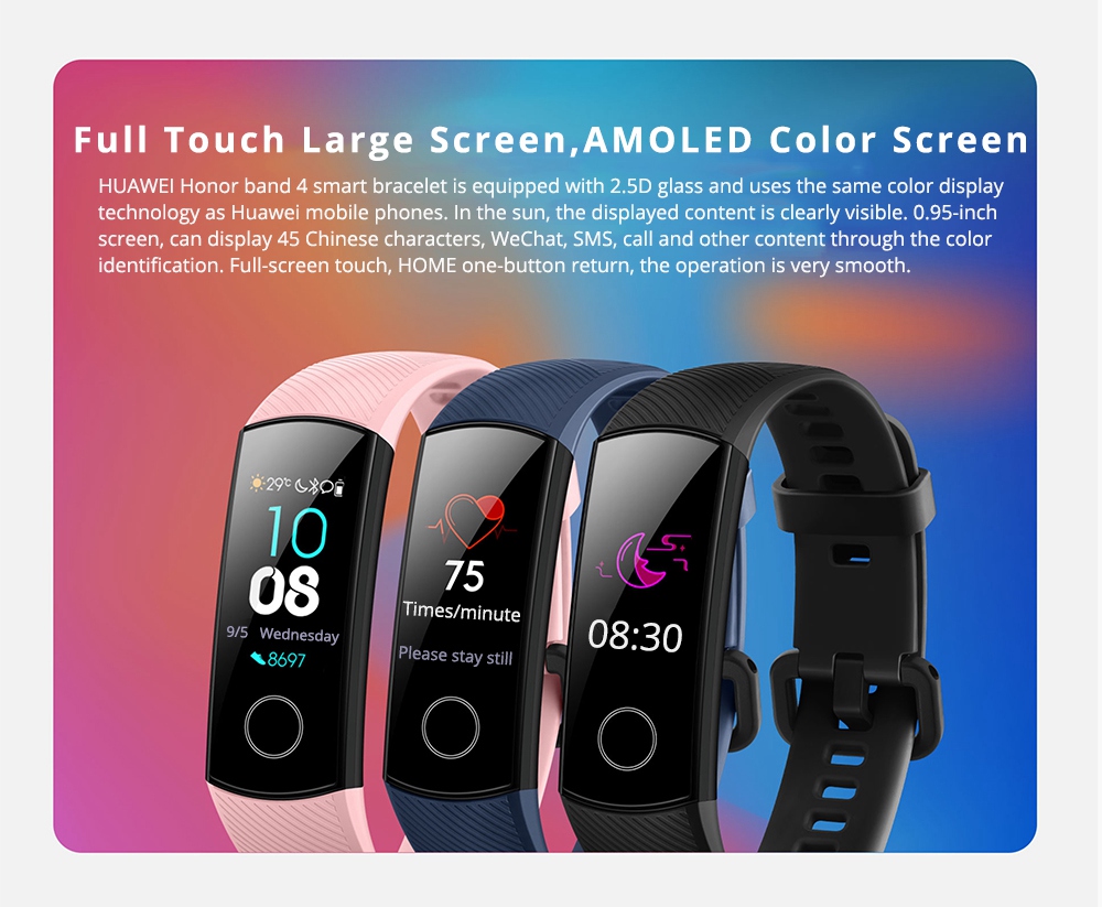HUAWEI Honor Band 4 Smart Bracelet 0.95 Inch AMOLED Touch Large Color Screen 5ATM Heart Rate Monitor Swimming Posture Recognition - Black