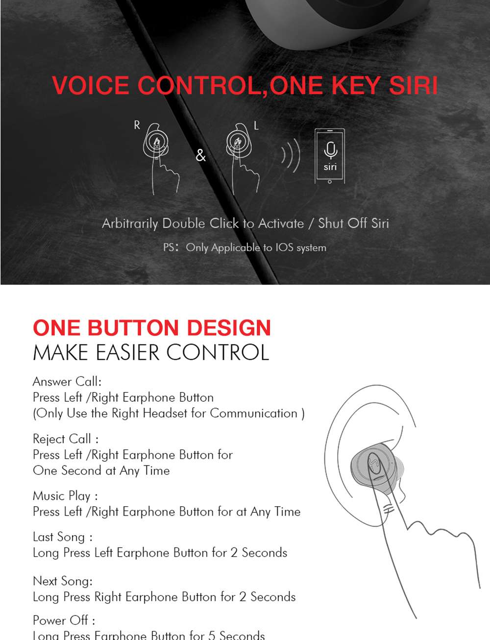 Havit G1 Bluetooth 5.0 TWS Earphone Fingerprint Touch 720mAh Charging Box Siri Google Assistant 18 hours Playtime Mono/Stereo Mode