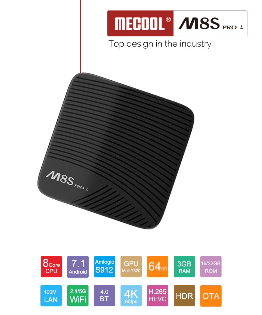 [Italy Stock] MECOOL M8S PRO L YouTube 4K Streaming 3GB/32GB Android 7.1 Amlogic S912 KODI 17.3 TV BOX 802.11AC WIFI Bluetooth LAN HDMI - Black