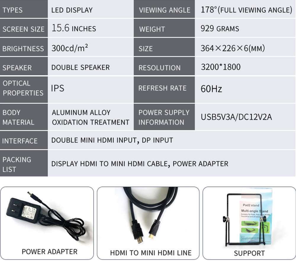 AOSIMAN ASM-156UH Slim Portable Monitor 15.6 inch IPS 3200*1800 Resolution Full Metal Body Mini HDMI+DP Dual Port