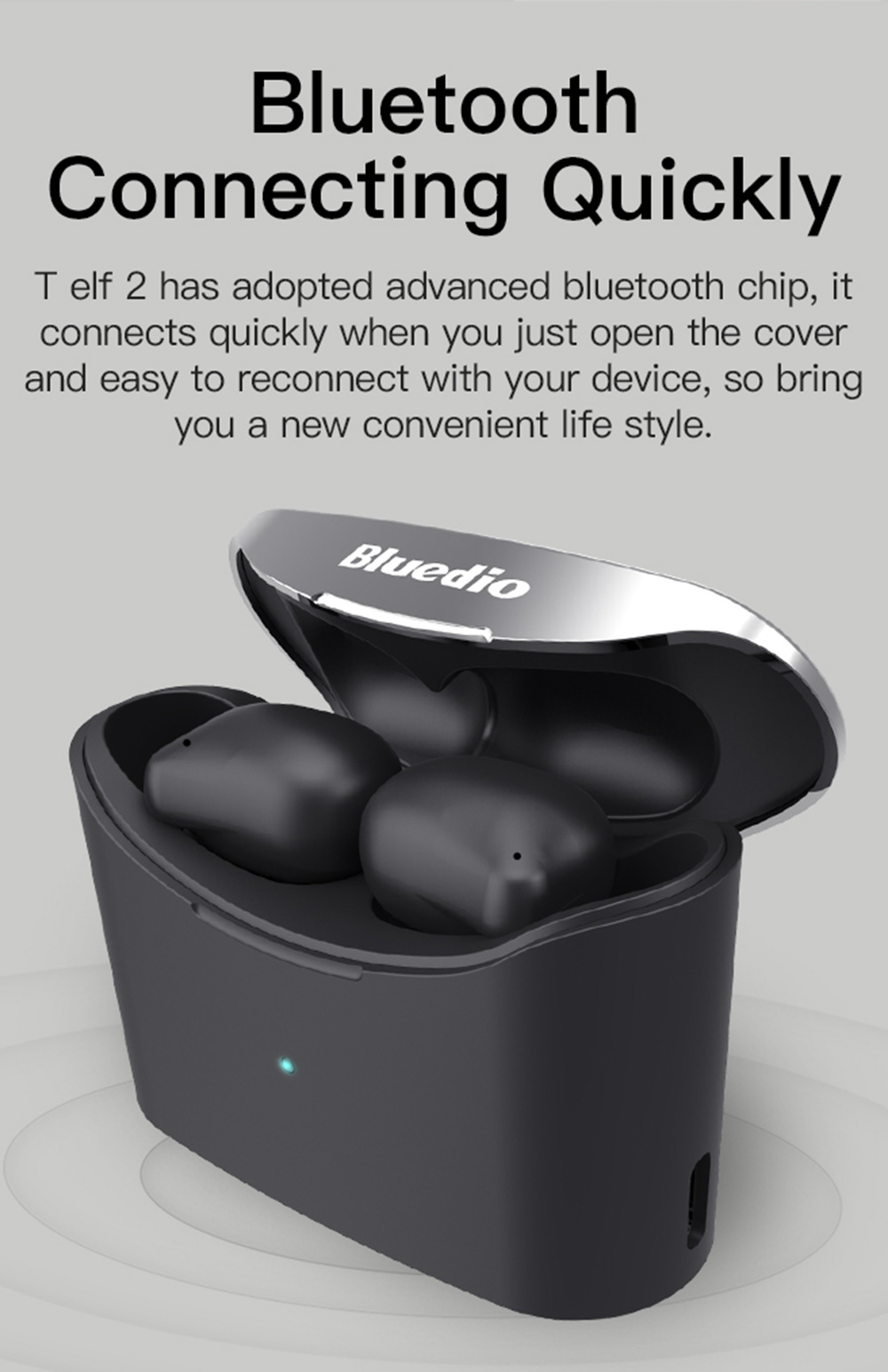 Bluedio T Elf 2 Bluetooth 5.0 TWS Earphones 6 Hours Playtime IPX6 Volume Touch Control Type-C Charing - Black