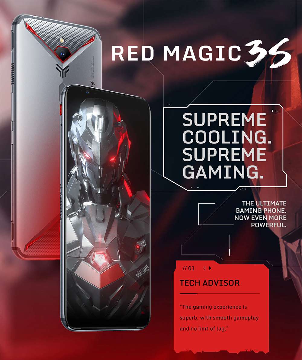 Nubia Red Magic 3S 4G LTE Smartphone 6.65 Inch FHD+ Screen Snapdragon 855 8GB RAM 128GB ROM Dual SIM Dual Standby 5000mAh Large Battery Fingerprint ID Android 9 OS Global ROM - Silver