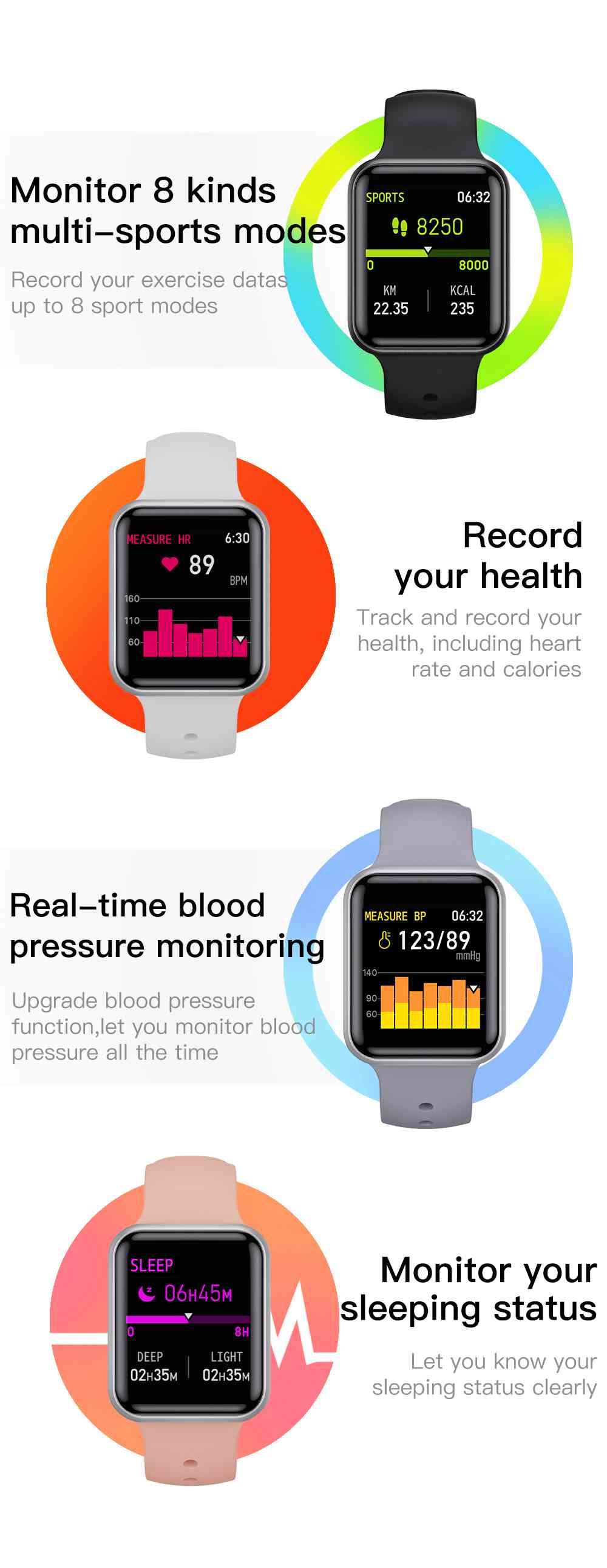 Makibes SN72 Smartwatch 1.3 Inch IPS Colorful Screen IP68 Blood Oxygen Pressure Heart Rate Monitor - Black